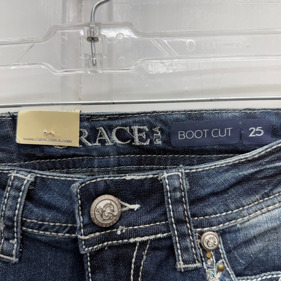 NWT Grace in LA Boot Cut Jeans Embellished Rhinestone Floral Womens 25 tall long - Picture 6 of 8